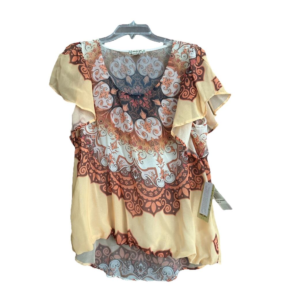 Nwt. Energe World Wear Womens Blouse Small Orange Boho Hippie Short Slv Paisley